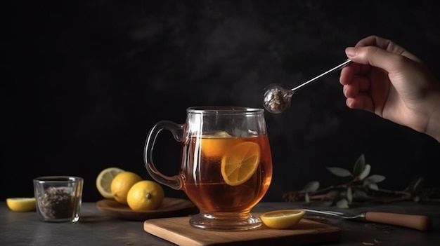 Front view person holding glass with tea and honey dipper 2