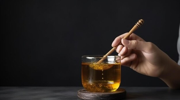 Front view person holding glass with tea and honey dipper 9