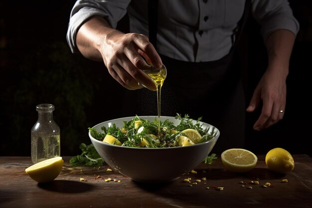 Front view of person pouring lemon juice in a bowl of salad