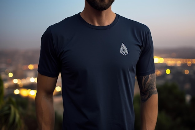 Photo front view of a person wearing a navy blue t shirt and sunglasses at the beach