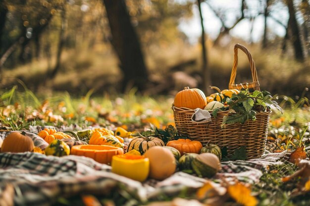 Front view picnic with pumpkins