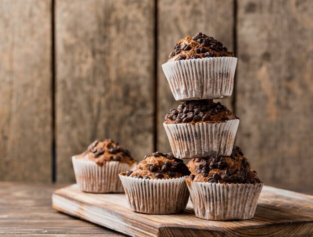 Front view pile of chocolate chips muffins