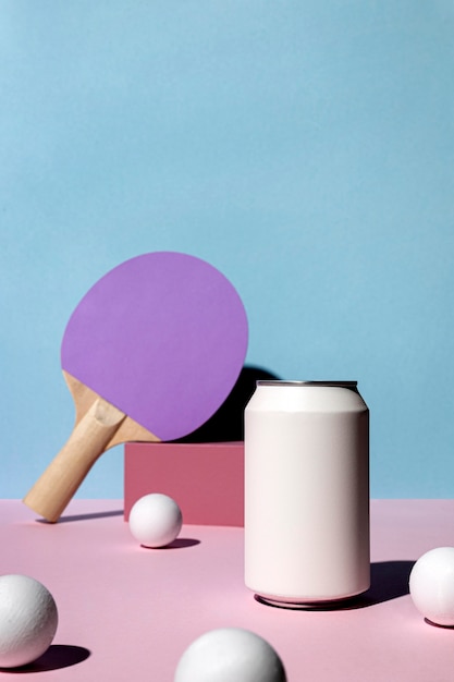 Foto vista frontale di palline da ping pong e pagaia con lattina di soda e copia spazio