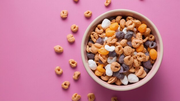 Front view pink bowl of cereals with copy space background