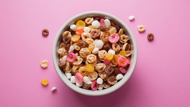 Front view pink bowl of cereals with copy space background