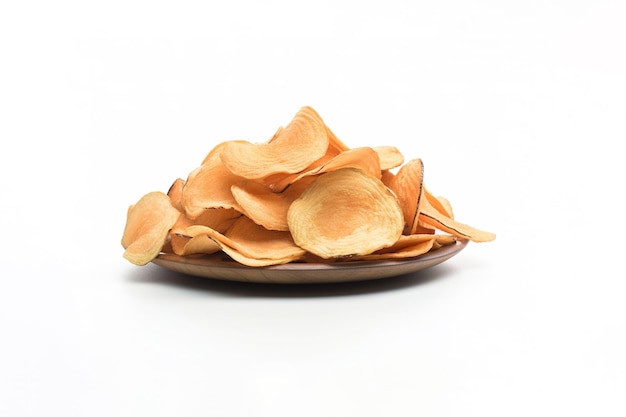 front view a plate of potato chips isolated on white background