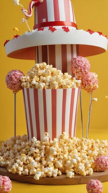 A front view popcorn and lollipops along with funny hat and cocktail on yellow