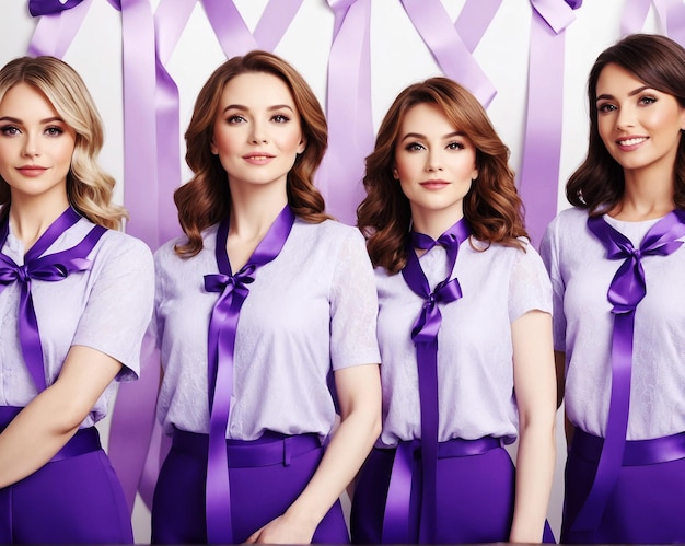 Photo front view portrait of confident women with purple ribbons in related elements decorated background