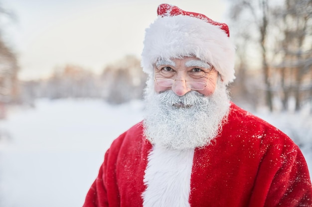 Front view portrait of traditional santa claus wearing eyeglasses and smiling kindly at camera in wi