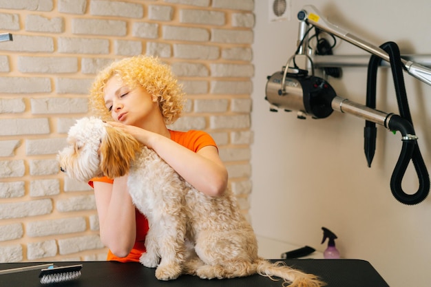 미용실에서 목욕하기 위해 양치하고 털을 깎기 전에 사랑스러운 곱슬곱슬한 Labradoodle 개를 안고 있는 전문 여성 미용사의 전면 모습 전문적인 관리를 하는 여성 애완용 미용사