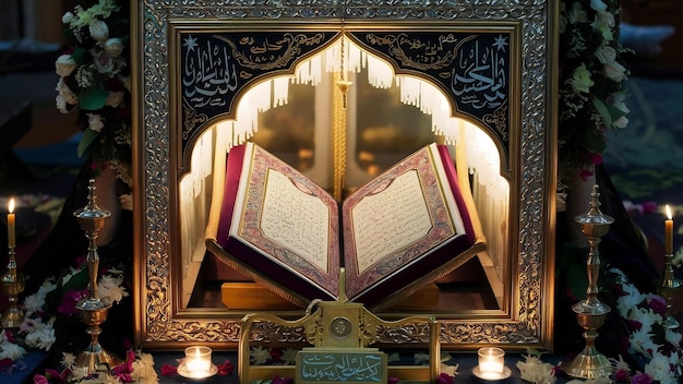 Photo front view of quran and rehal