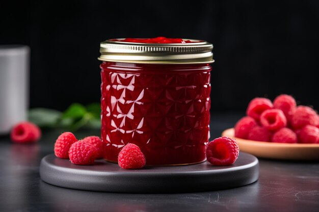 Photo front view of raspberry jam in jar