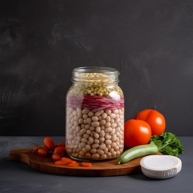 Front View Raw Beans In Jar With Veggies