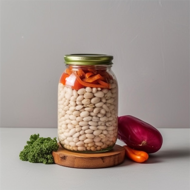 Front View Raw Beans In Jar With Veggies