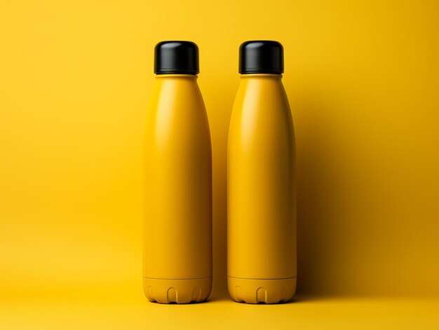 Фронтовый вид реалистичной двойной спортивной бутылки на желтом фоне