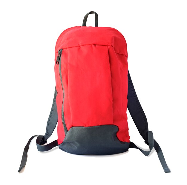 Front view of red backpack with straps for school, travel or sport