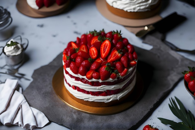 イチゴで飾られた正面の赤いフルーツ ケーキとクリームの丸いおいしい甘い誕生日