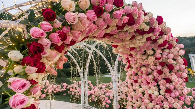 可愛い新鮮なバラの花で飾られた豊かなアーチのフロントビュー