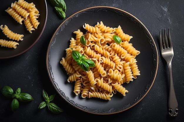 front view rotini pasta op bord en op vork op een donker geïsoleerd oppervlak