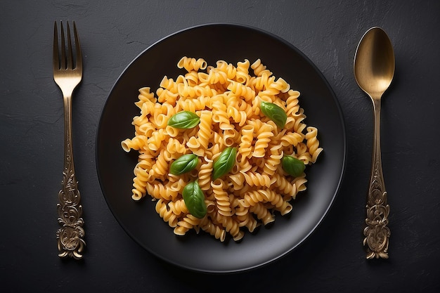 Photo front view rotini pasta on plate and on fork on dark isolated surface