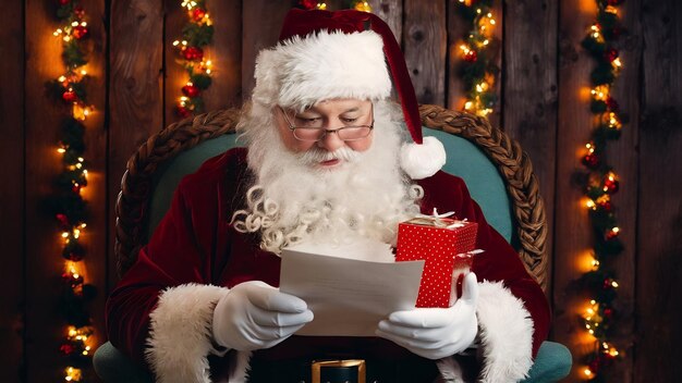 Photo front view santa claus reading letter from kid and holding present on red emotions gift xmas holida