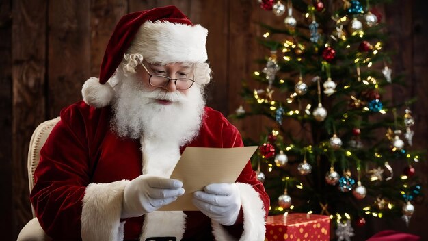 Photo front view santa claus reading letter from kid and holding present on red emotions gift xmas holida