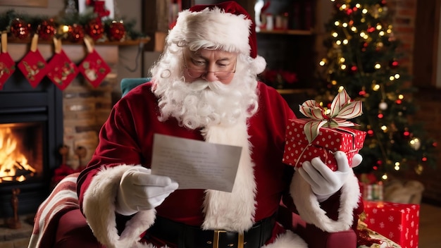 Photo front view santa claus reading letter from kid and holding present on red emotions gift xmas holida