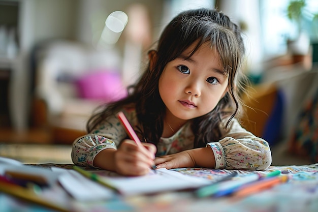 写真 フロントビューセレクティブフォーカスポートレート 素敵なアジアの幼稚園の女の子 長いの絵を部屋で描く