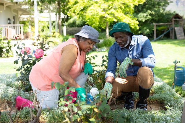 Front view of senior African American couple in the garden, kneeling and gardening together. Family enjoying time at home, lifestyle concept