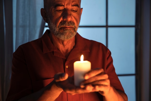front view senior man holding candle
