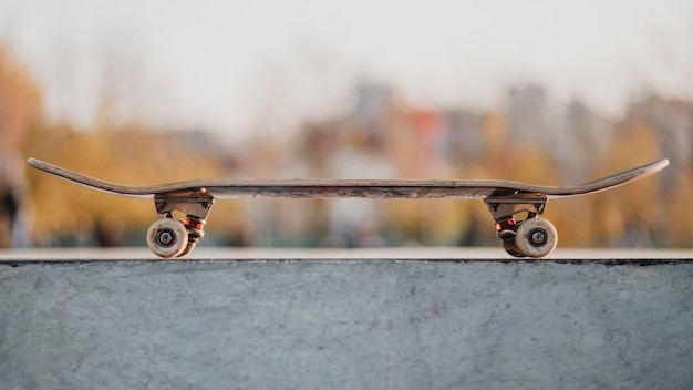 Front view of skateboard outdoors at the skatepark