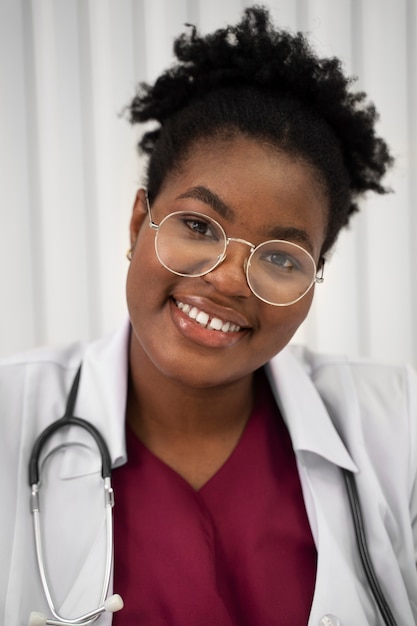 Photo front view smiley doctor at clinic