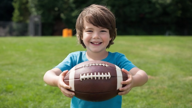 Front view smiley kid holding a football ball
