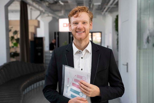 Foto uomo sorridente di vista frontale al lavoro