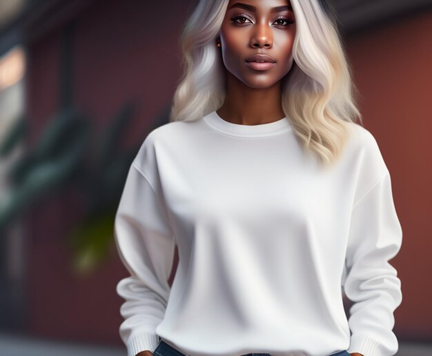 Front view of smiley woman to herself White Color TShirt Ai Generate