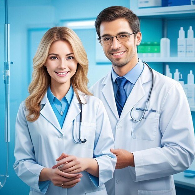 Front view smiling male and female doctor with medical lab background