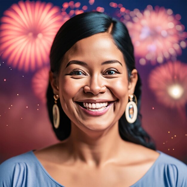 A front view of a smiling woman with fireworks in the background