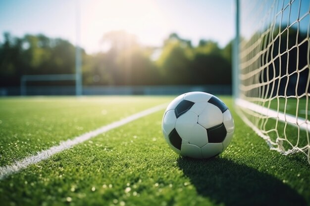 Front view of soccer goal post with net sport background and equipment