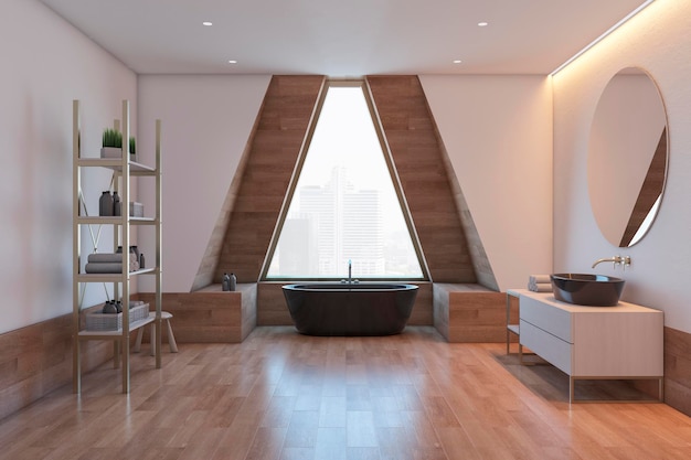 Front view on spacious bathroom with black bath on glossy parquet floor near stylish triangle window with city view round mirror above light sink cabinet and wooden bathroom shelving 3D rendering