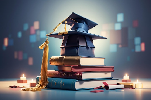 front view of stacked books a graduation cap and a diploma