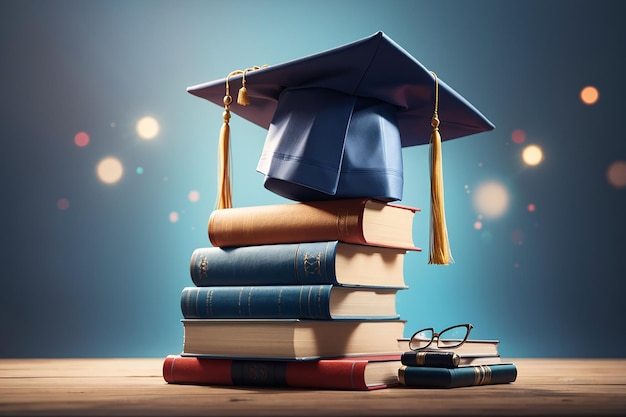 front view of stacked books a graduation cap and a diploma