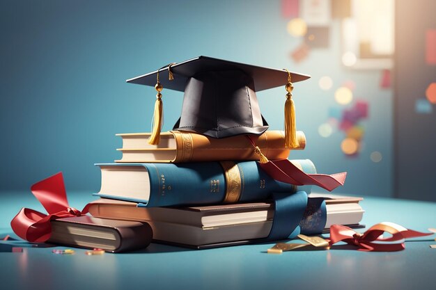 front view of stacked books a graduation cap and a diploma