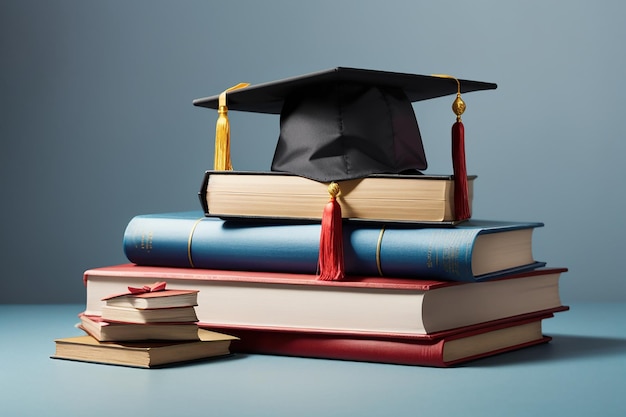 front view of stacked books a graduation cap and a diploma