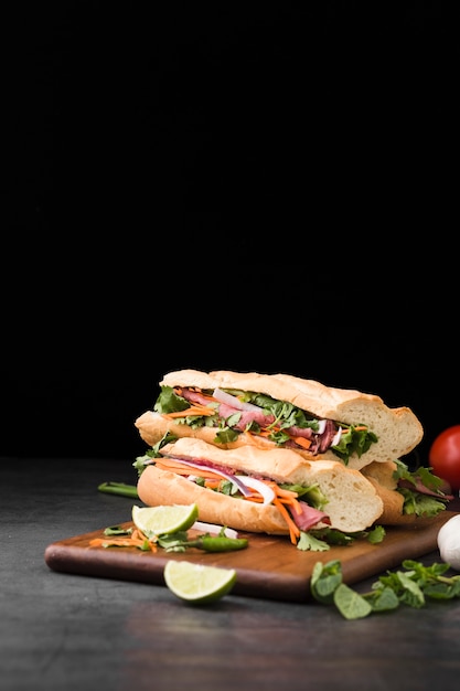 Front view of stacked fresh sandwiches