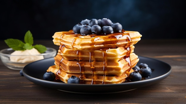 Front View of Stacked Waffles with Blueberries Ai