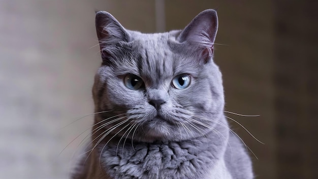 じっと見つめている灰色のイギリスショートヘア猫のフロントビュー