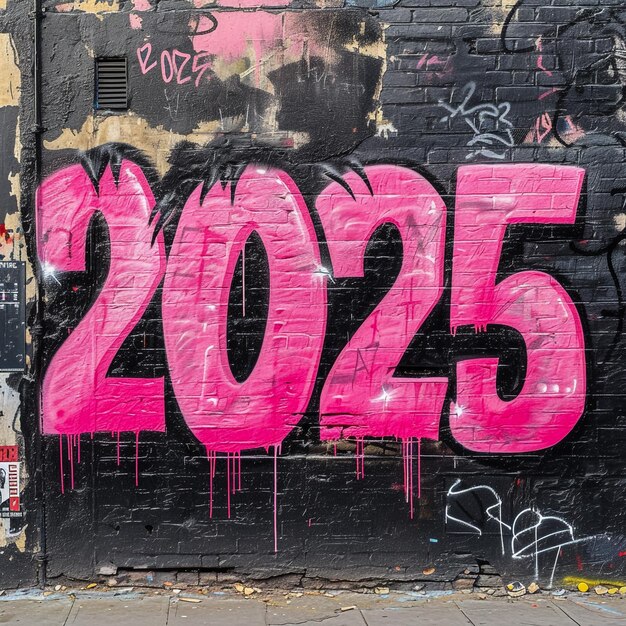 front view street art pink graffiti tag of the word 2025 spray painted on a black wall black darck street art