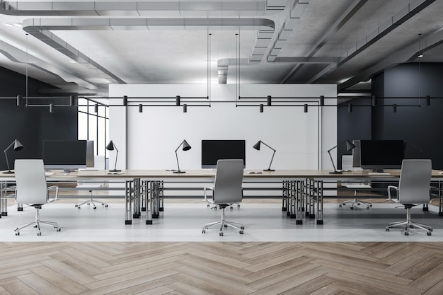 Front view on stylish spacious coworking office with modern\
computers on wooden tables light chairs and blank white wall\
partition background and parquet and glossy floor 3d rendering