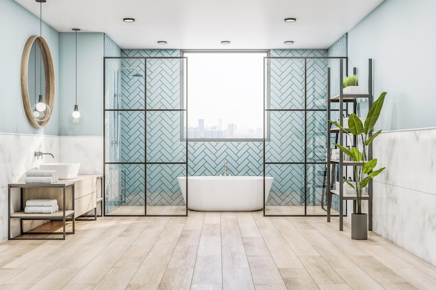 Вид спереди на стильную солнечную ванную комнату с мраморными стенами, зелеными растениями, деревянным полом, деревянным круглым зеркалом, шкафом с экораковиной и драгоценной белой ванной с стеклянными перегородками 3D рендеринг