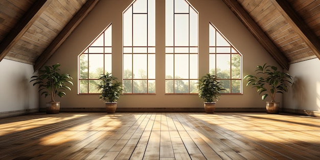 Front view of sunny empty loft interior room with wooden floor